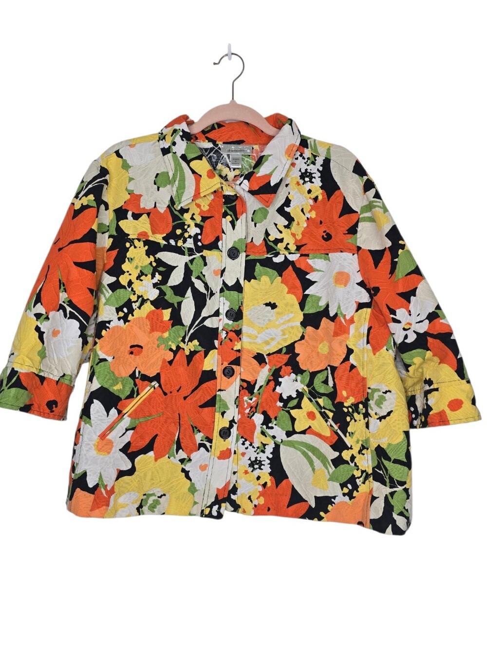 Orange and yellow floral textured 3/4 sleeve jacket